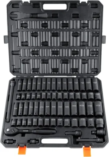 1/2" Drive Impact Socket Set, 65 Piece SAE 3/8" to 1-1/4" and Metric 10-24mm, 6 Point Cr-V Alloy Steel for Auto Repair, Easy-to-Read Size Markings, Rugged Construction, Storage Case 1/2" 65PCS