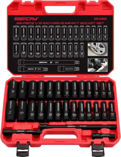 29-Piece 1/2" Drive Impact Socket Set, SAE (3/8 to 1 inch) and Metric (10-24mm) Sizes with Extension Bars Standard Deep Socket Set CR-V Material High Durability Impact Wrench 1/2"--29-Piece