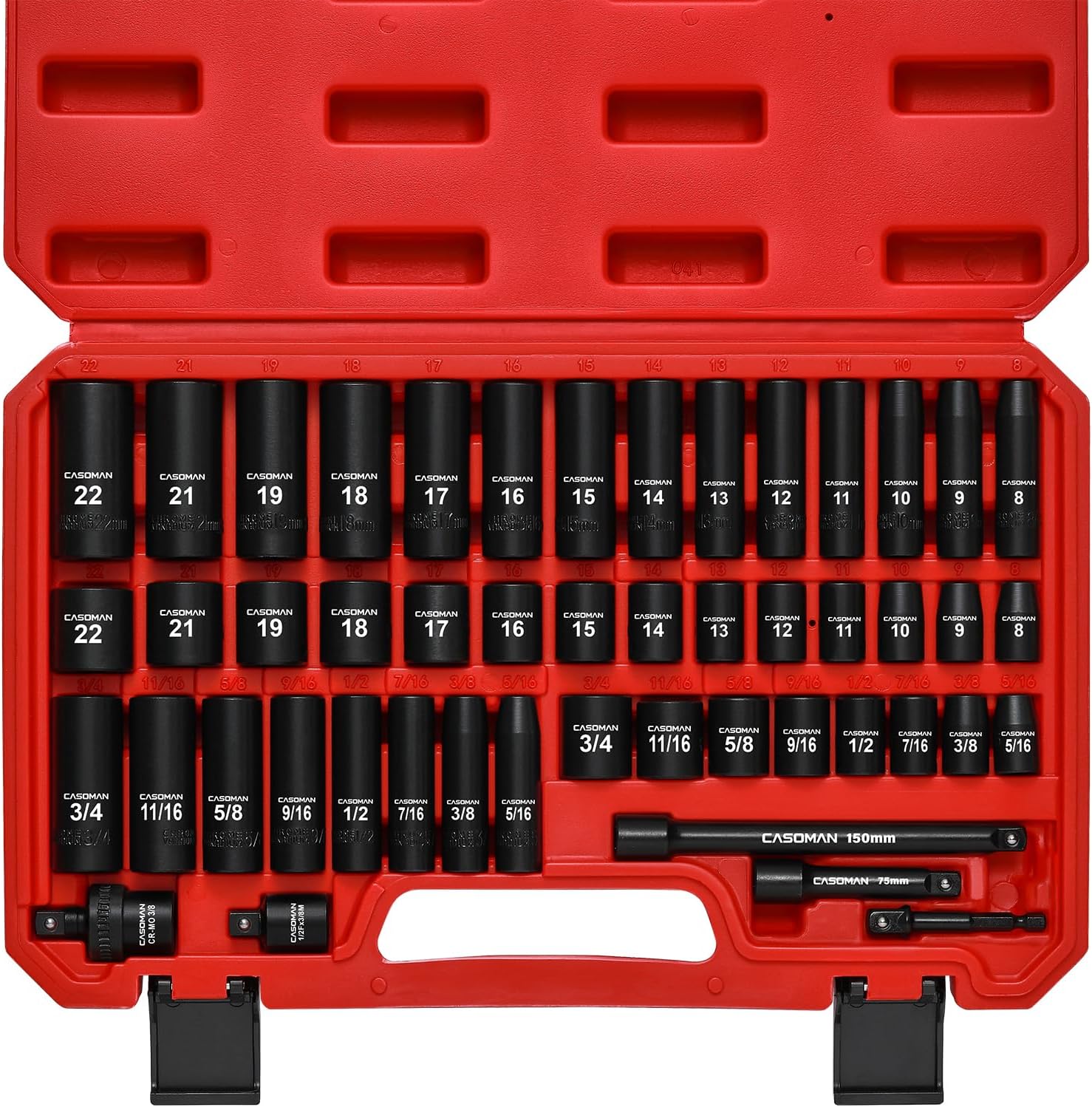 3/8" Drive Impact Socket Set, 49 Piece Standard SAE and Metric Sizes (5/16-Inch to 3/4-Inch and 8-22 mm), 6 Point, Cr-V Steel Socket Set ‎3/8"Drive 48pcs Impact Master Socket Set