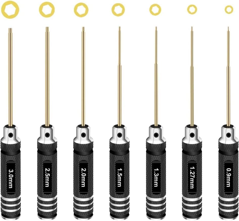 Hex Driver Set Hex Allen Screwdriver Kit 0.9mm 1.27mm 1.3mm 1.5mm 2.0mm 2.5mm 3.0mm Allen Wrench Set Titanium Hexagon Screwdriver RC Tools Kit for RC Car Drone Multi-Axis Helicopter Models(7pcs) 7pcs Screwdrivers
