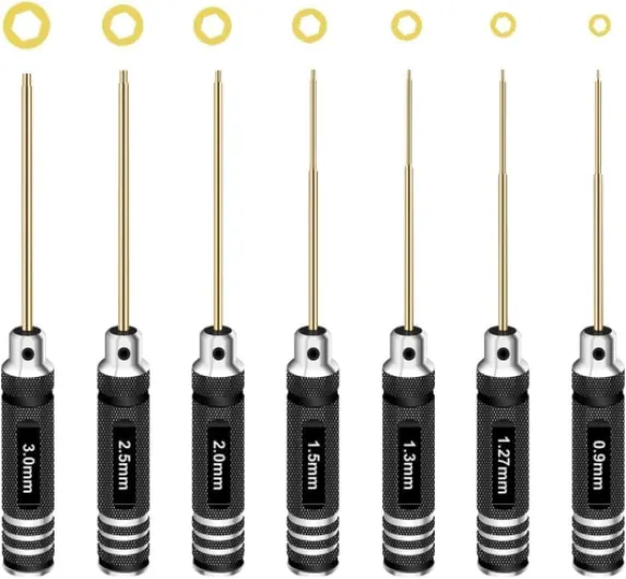 Hex Driver Set Hex Allen Screwdriver Kit 0.9mm 1.27mm 1.3mm 1.5mm 2.0mm 2.5mm 3.0mm Allen Wrench Set Titanium Hexagon Screwdriver RC Tools Kit for RC Car Drone Multi-Axis Helicopter Models(7pcs) 7pcs Screwdrivers