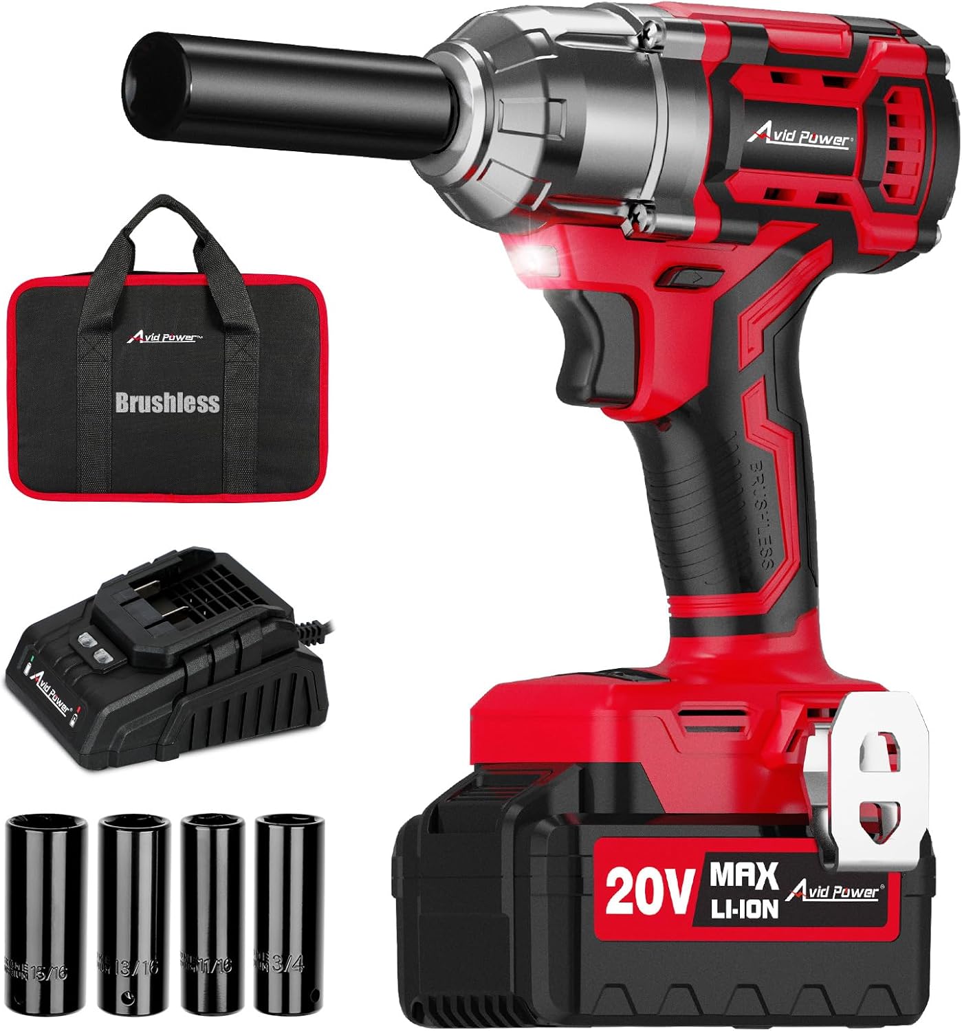 1/2 Impact Wrench Brushless, 20V Cordless Impact Gun w/ 3 Variable Speeds, Max Torque 370ft-lbs (500N.m), 3.0Ah Li-ion Battery, 4Pcs Impact Sockets, Fast Charger Red-brushless