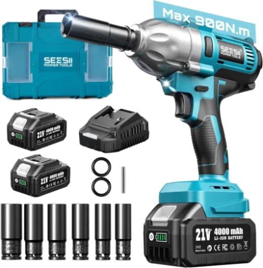 Impact Wrench 665 FT-LBS(900N.m) 3300IPM 1/2 Impact Gun High Torque Electric Impact Driver Cordless Impact Wrench with 21V 2x4.0Ah Battery 6 Sockets&Case for Home Car Tire Lug Nut Removal Tool 665Ft-lbs w/ 2x4.0Ah Battery