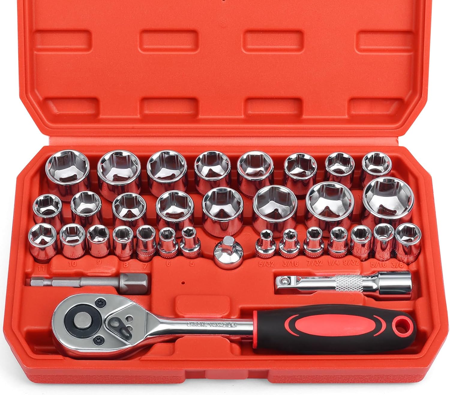 34 Pieces 3/8 inch Drive Socket Ratchet Wrench Set, with Socket Set Metric/SAE and Extension Bar for Auto Repairing and Household, with Storage Case 3/8" 34 PCS