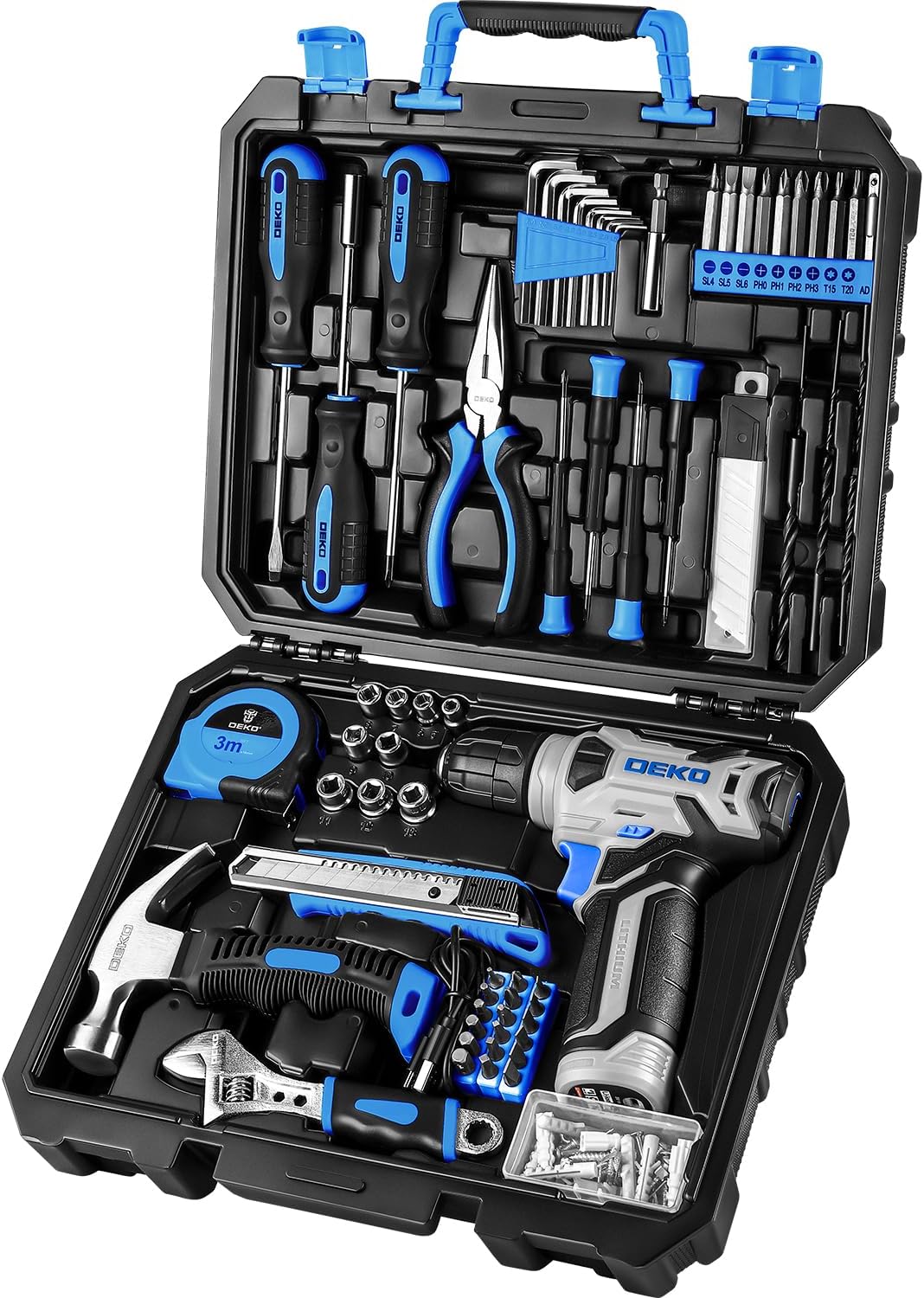 Drill Set: Tool Set with 8V Blue Cordless Drill, Home Tool Kit with Drill, Hand Tool Kits for Men & Women 126 Piece