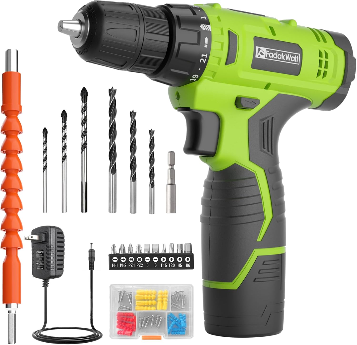 Cordless Drill Set,12V Power Drill Set with Battery and Charger, Electric Driver/Drill Bits, 3/8'' Keyless Chuck,21+1 Torque Setting, 180 inch-lbs, with LED Electric Drill Set (Green) 12V Drill (Green)