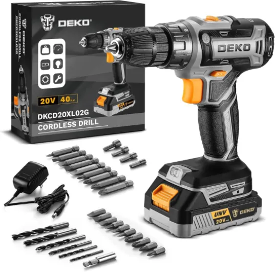 Power Drill Cordless: DEKO PRO Cordless Drill 20V Electric Power Drills Set Tool Drills Cord-less Set with Battery and Charger Gray