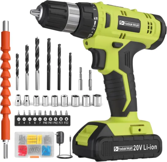 Cordless Drill Set, 20V Electric Power Drill with Battery And Charger, Torque 30N, 21+1 Torque Setting, 3/8-Inch Keyless Chuck, Drill Driver Bits Kit, with LED Electric Drill Set - （green)