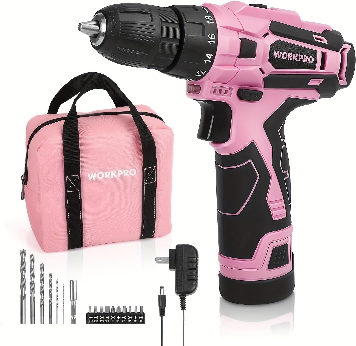Pink Cordless Drill Driver Set, 12V Electric Screwdriver Driver Tool Kit, 3/8" Keyless Chuck, Charger and Storage Bag Included - Pink Ribbon