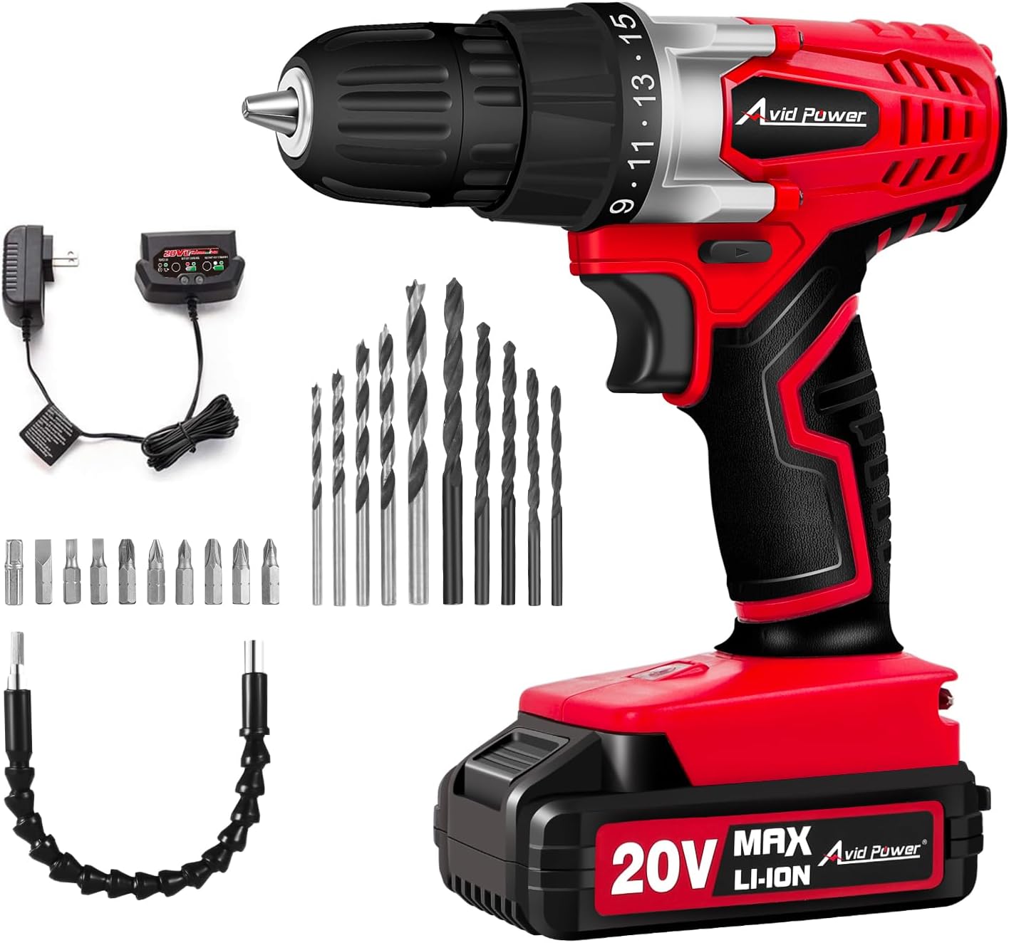 20V MAX Lithium lon Cordless Drill Set, Power Drill Kit with Battery and Charger, 3/8-Inch Keyless Chuck, Variable Speed, 16 Position and 22pcs Drill Bits (Red) 1-red