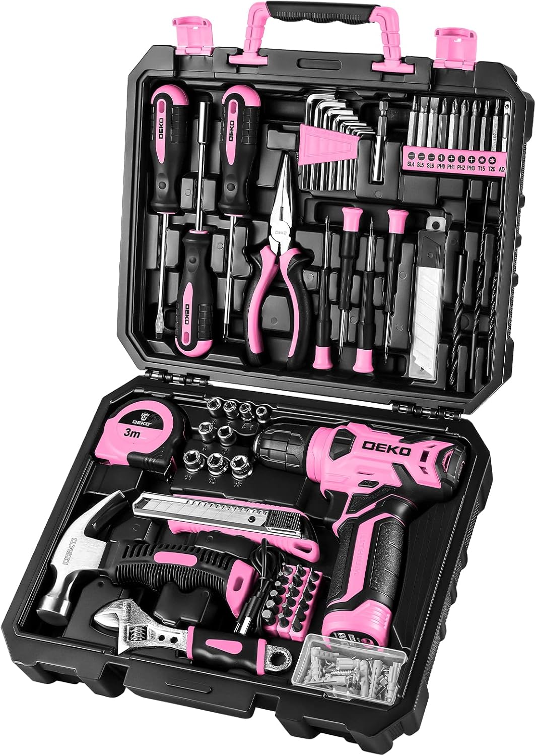 Drill Set, Home Tool Set with 8V Pink Cordless Drill, Hand Tool Kit for Women, 126 pcs