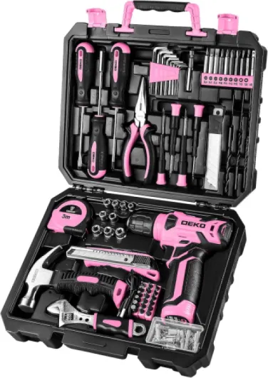 Drill Set, Home Tool Set with 8V Pink Cordless Drill, Hand Tool Kit for Women, 126 pcs