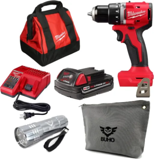 M18 18V Brushless Cordless 1/2 in - Compact Drill/Driver Bundle with (1) 2.0 Ah Battery, Charger, Milwaukee Tool Bag, Buho Zipper Pouch and Flashlight