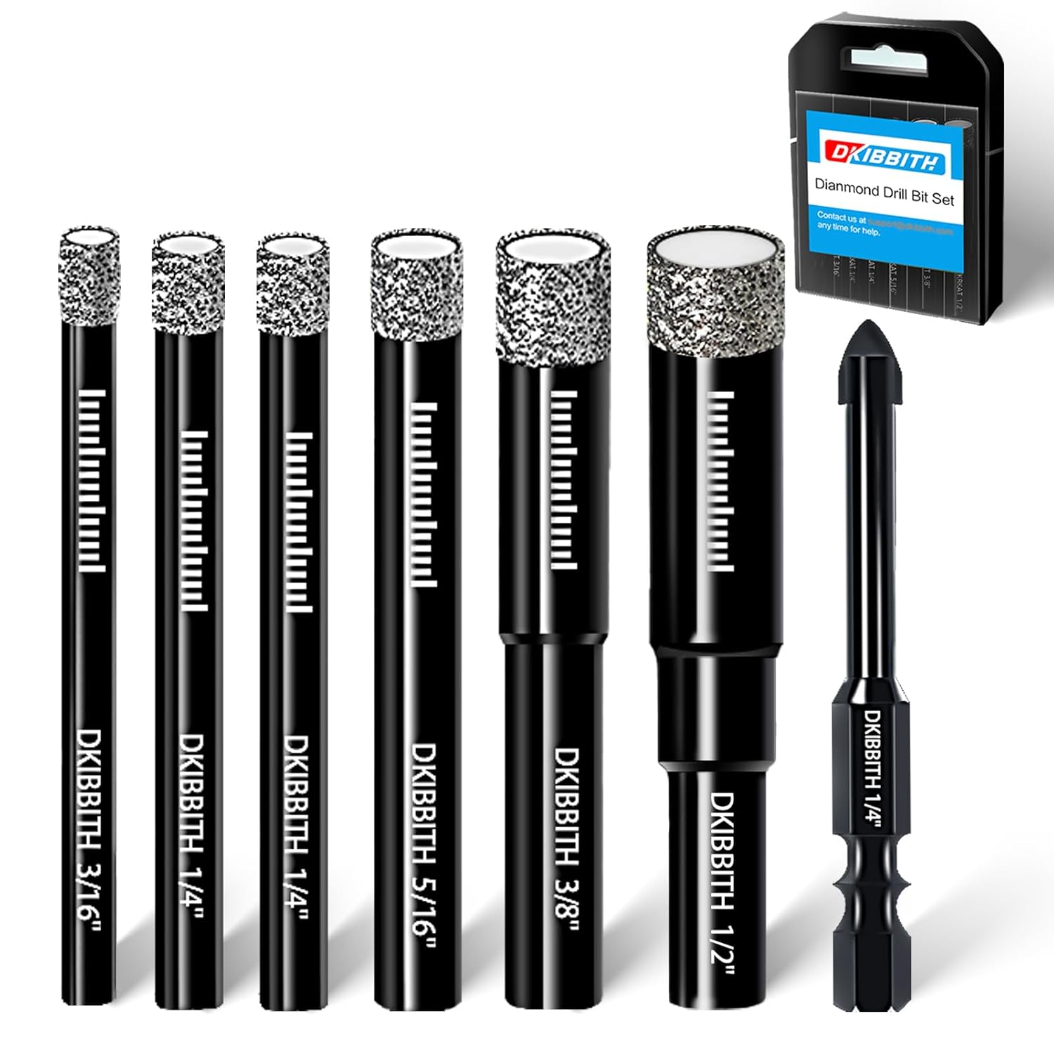 7 Pack Dry Diamond Drill Bits & Tile Drill Bits Set for Ceramic, Porcelain, Marble, Granite, Stone, Glass - Round Shank 3/16", 1/4"(x2), 5/16", 3/8", 1/2"+1 Pack Masonry Drill Bit 1/4" 7 Pcs Diamond Drill Bits