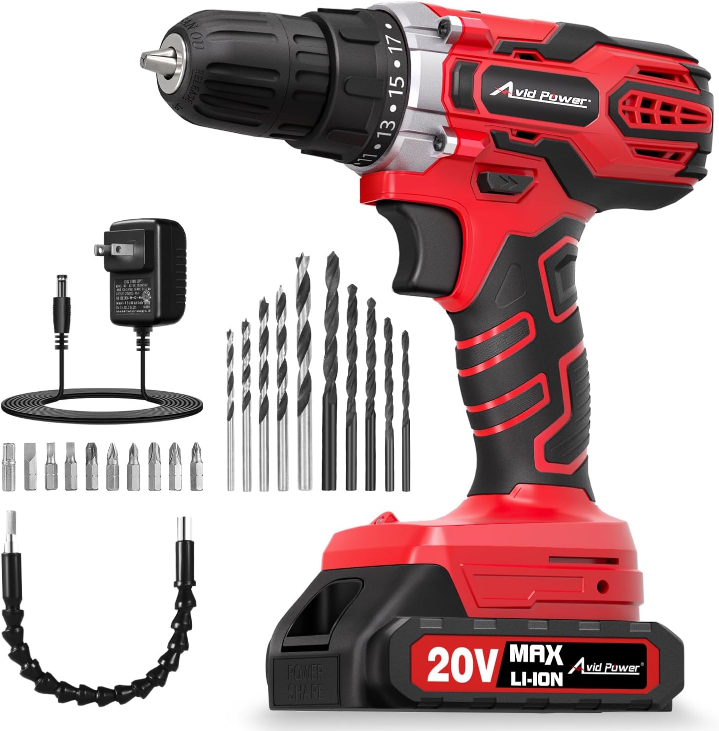20V MAX Power Drill Kit, Cordless Drill Set with Battery and Charger, 2 Variable Speed, 3/8-Inch Keyless Chuck, 19 Position and 22pcs Bits 1-red