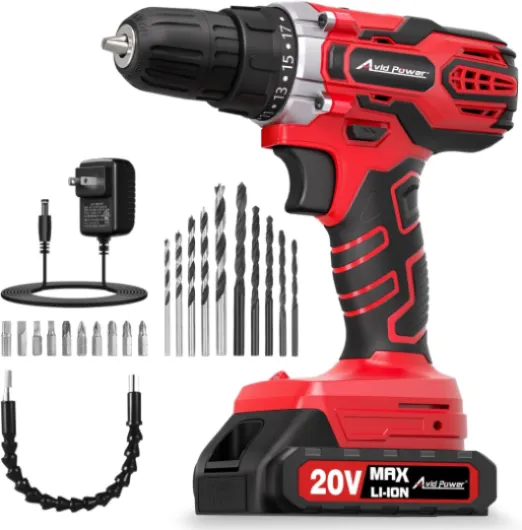 20V MAX Power Drill Kit, Cordless Drill Set with Battery and Charger, 2 Variable Speed, 3/8-Inch Keyless Chuck, 19 Position and 22pcs Bits 1-red