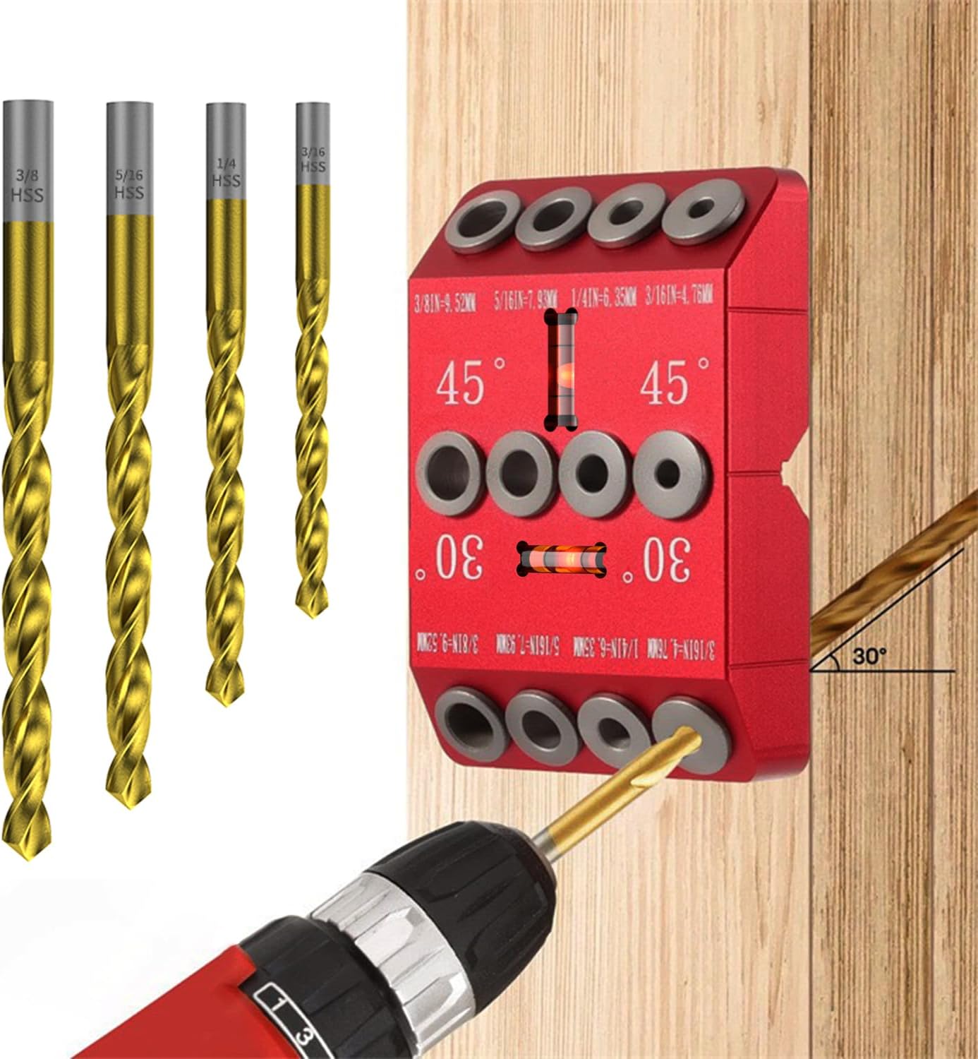 30 45 90 Degree Angle Drill Guide Jig for Hand Drill, Angle Drill Guide for Straight Holes and Angle Drilling, used for Stairs Handrails, Cable Railings, Decks, and Wood Posts Level design，with 4 Bits Red