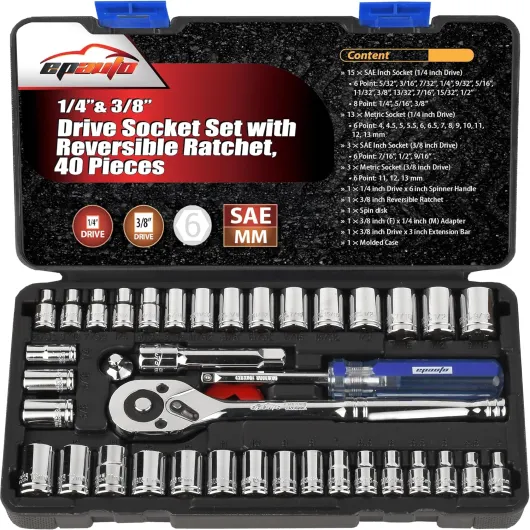 40 Pieces 1/4-Inch & 3/8-Inch Drive Socket Set with 72 Tooth Reversible Ratchet Assorted