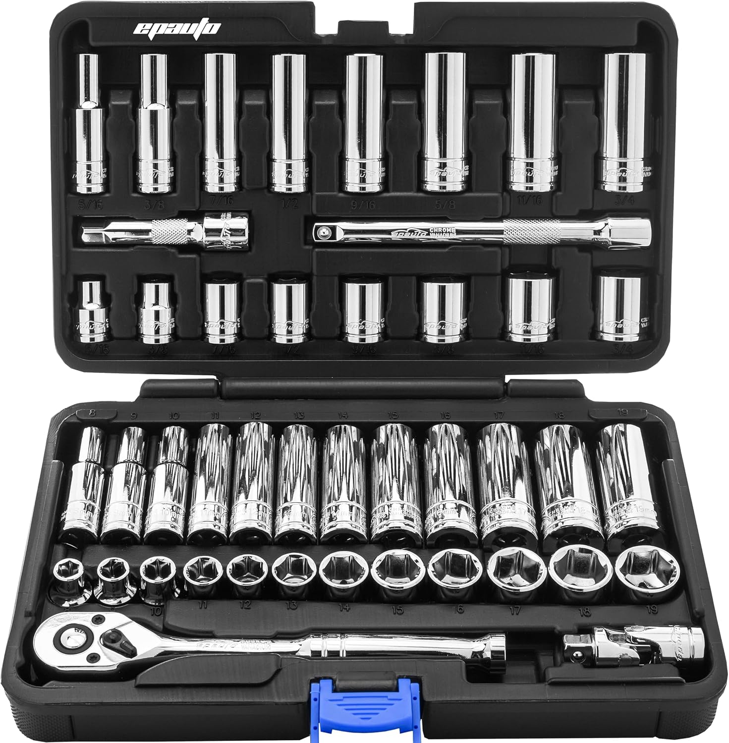 45 Pieces 3/8" Drive Socket Set with 72-Tooth Pear Head Ratchet