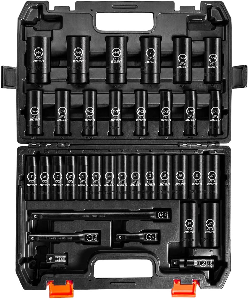 35-Piece 1/2" Drive Deep Impact Socket Set - SAE 3/8"-1-1/4" & Metric 8-24mm, Extensions, Joint & Adapter, Cr-V Steel, Double Lock Case 35pcs Sae+metric