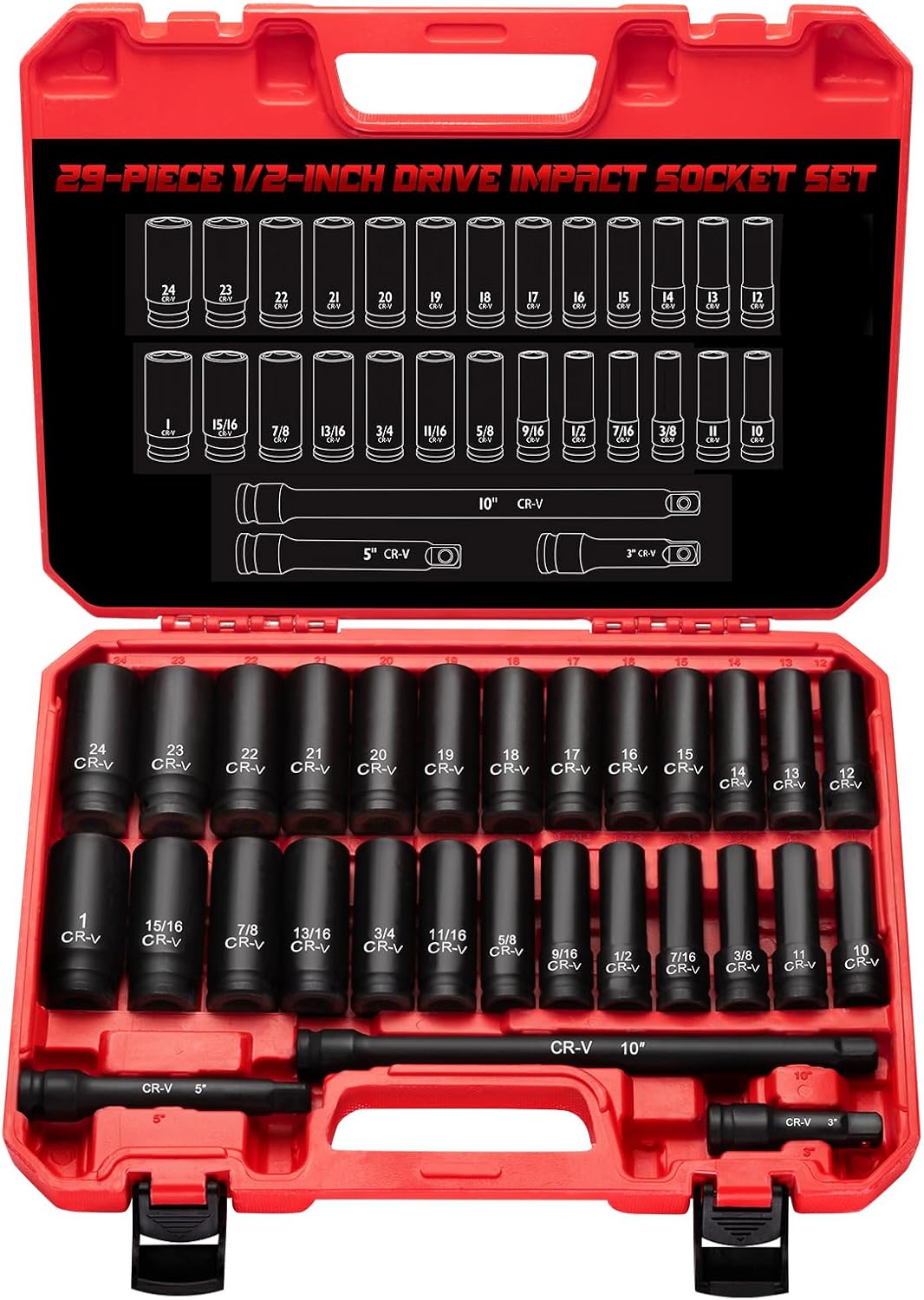 1/2" Drive Impact Socket Set 29-Piece, Cr-V-M Steel Deep Socket SAE(3/8" - 1") & Metric(10-24mm) Sizes, with Extension Bar Come with Storage Case 1/2-29 pcs