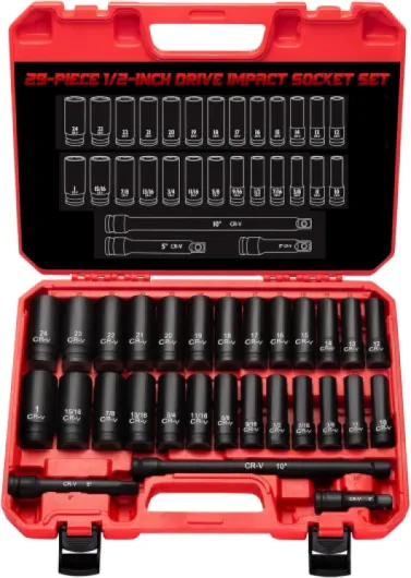 1/2" Drive Impact Socket Set 29-Piece, Cr-V-M Steel Deep Socket SAE(3/8" - 1") & Metric(10-24mm) Sizes, with Extension Bar Come with Storage Case 1/2-29 pcs