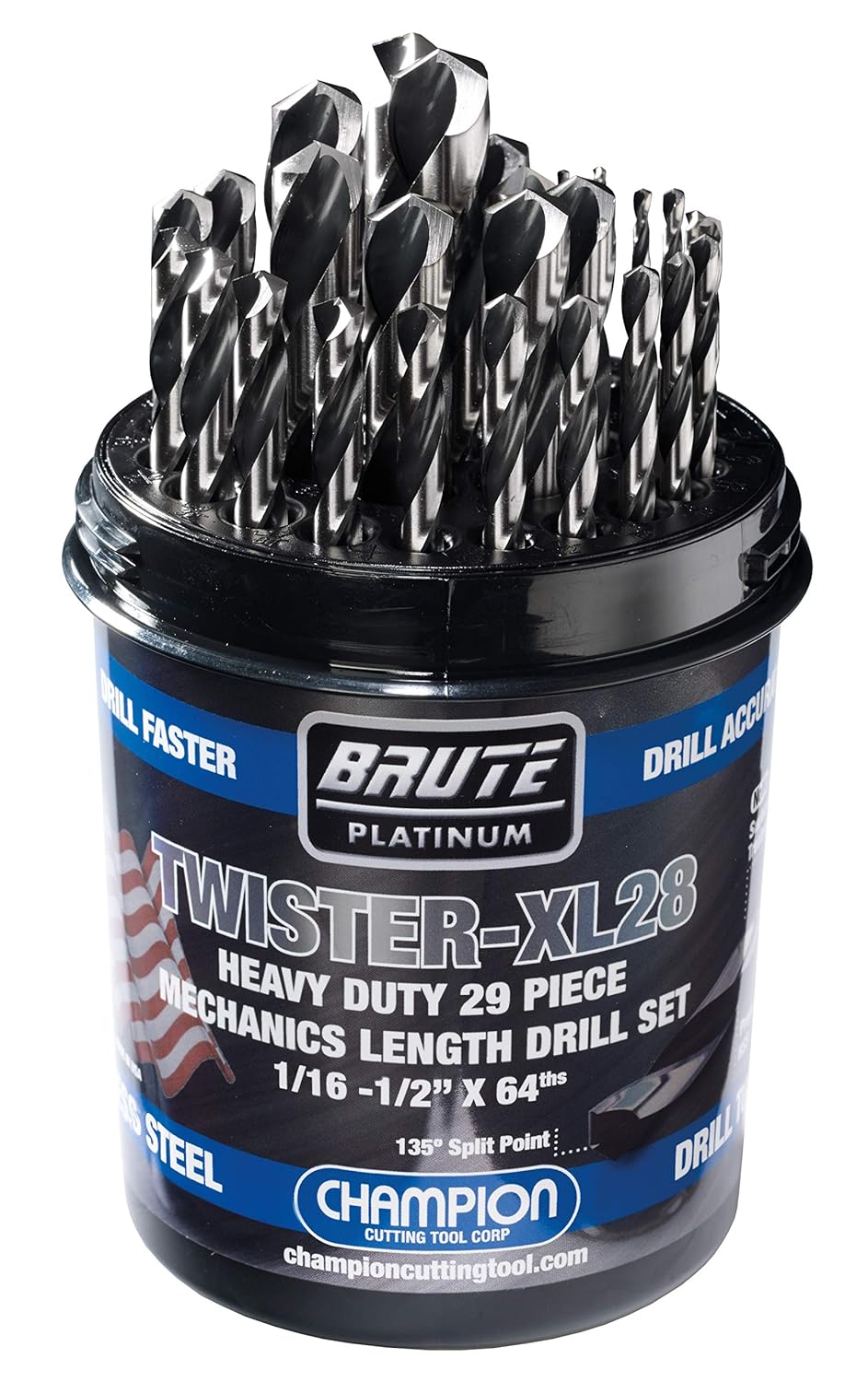 Champion Cutting Tool Brute Platinum 29 Piece 1/16-1/2" x 64ths HSS Mechanics Length Twister-XL28 Drill Bit Set-135 Degree Split Point, Water Resistant Index-MADE IN USA Drill Bits