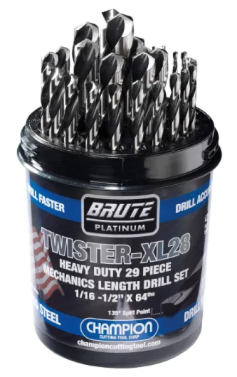 Champion Cutting Tool Brute Platinum 29 Piece 1/16-1/2" x 64ths HSS Mechanics Length Twister-XL28 Drill Bit Set-135 Degree Split Point, Water Resistant Index-MADE IN USA Drill Bits