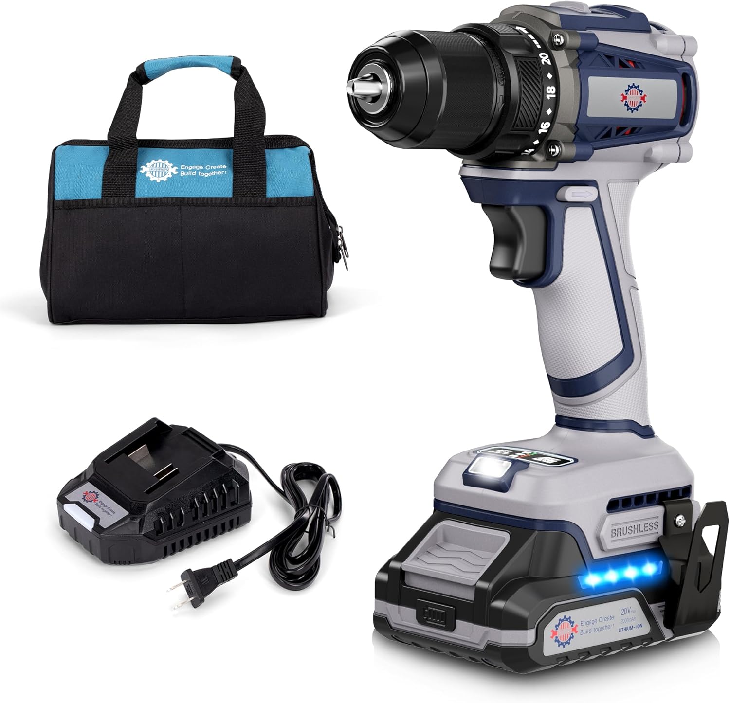 20V Cordless Drill, 620 in-lbs Torque, 3/8" Metal Keyless Chuck with Safety Lock, Brushless Power Drill with 2.0Ah Battery and Charger, 2+1 Variable Speed, 20+1 Position Electric Drill Driver with LED