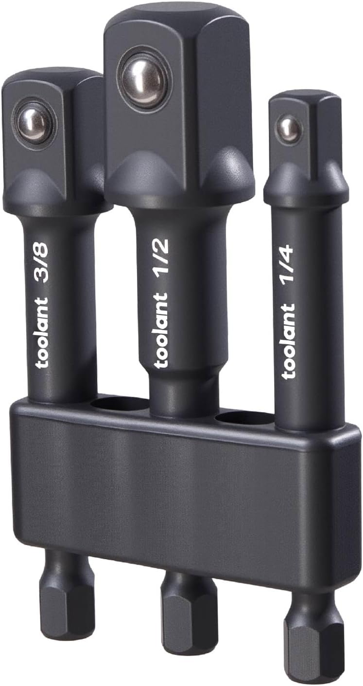 Impact Socket Adapter Set, 3 pcs, 1/4", 3/8", 1/2" Drive, Hex Shank Drill Bit Adapter with Holder, Compatible with Power Drill & Impact Driver 3PCS