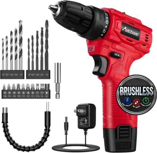 Brushless Power Drill Set, 2-Speed Control, 3/8-Inch Keyless Chuck & 25+1 Position, 12V Electric Drill Cordless Driver Kit with 2000mAh Battery, Charger and 22pcs Accessories Red-brushless