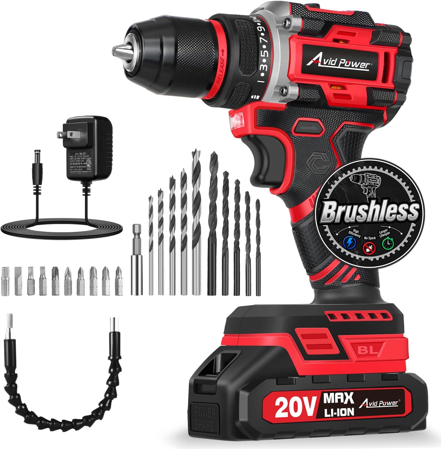 Brushless Power Drill Set, 20V Cordless Drill Driver Kit with 2.0Ah Battery and Charger, 3/8-Inch Metal Chuck, 355 In-lbs Torque, 2-Variable Speed, 26 Position and 22pcs Accessories 1-red