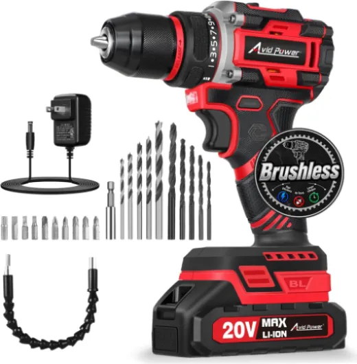 Brushless Power Drill Set, 20V Cordless Drill Driver Kit with 2.0Ah Battery and Charger, 3/8-Inch Metal Chuck, 355 In-lbs Torque, 2-Variable Speed, 26 Position and 22pcs Accessories 1-red