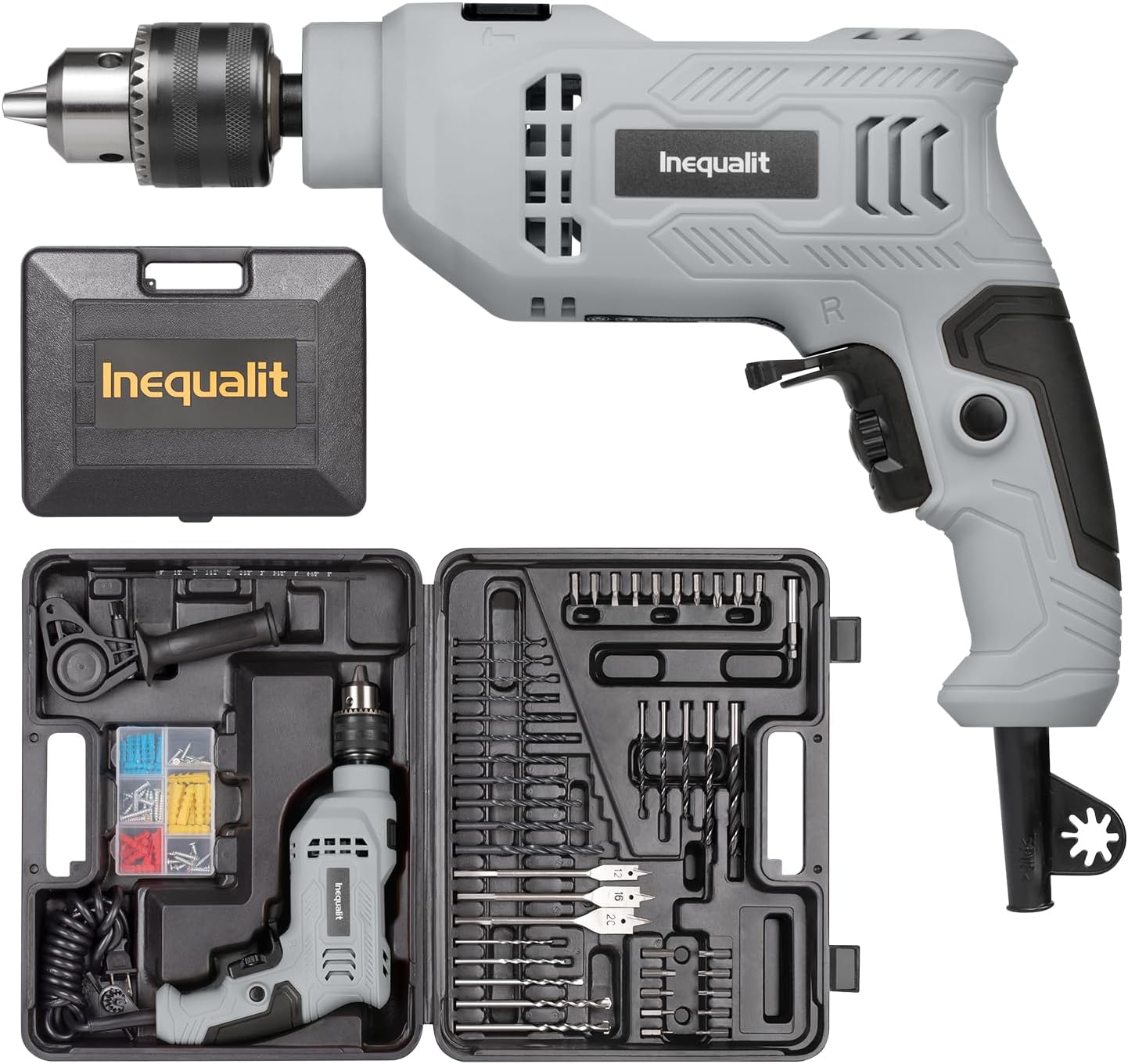 Corded Hammer Drill 4.5Amp 0-3000 RPM, 1/2 Inch Chuck Impact Drill with 105-Piece Accessory Set, Adjustable Speed Control, 360° Swivel Handle, Depth Gauge and Portable Carrying Case Grey