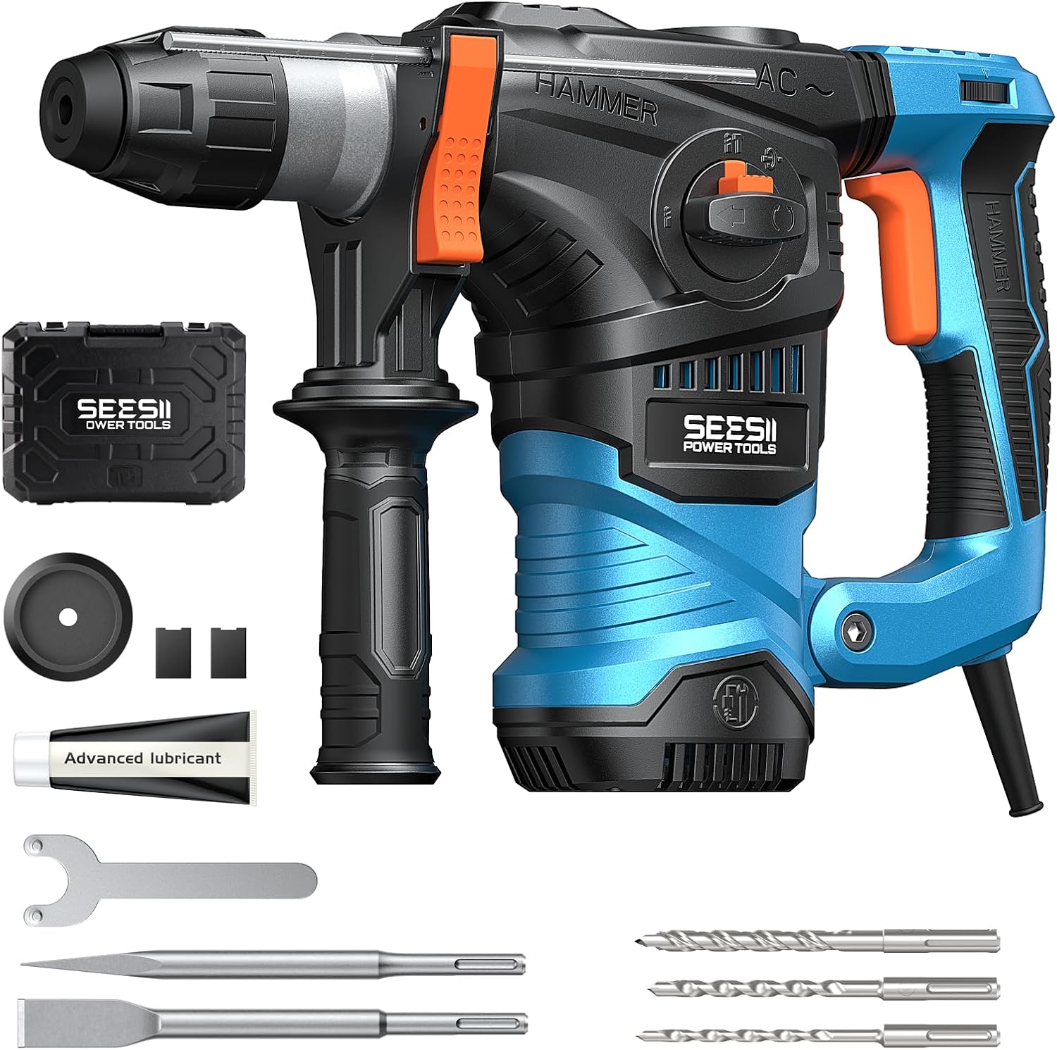 Heavy Duty Rotary Hammer: 13 Amp 1-1/4" SDS-Plus Demolition Hammer Drill for Concrete, Brick & Stone, 6J Power with 4 Functions, Safety Clutch & Anti-Vibration, Drill Bits and Chisels Included Blue