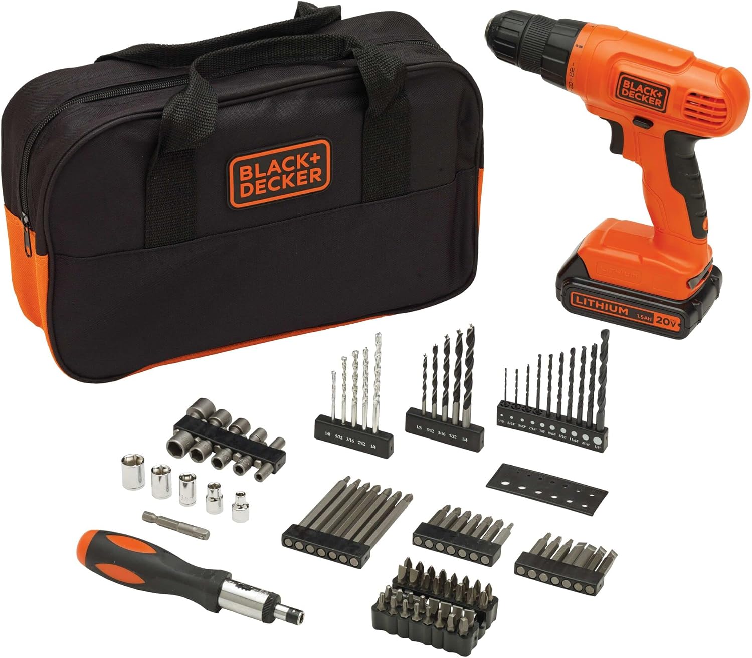 BLACK+DECKER 20V MAX* POWERCONNECT Cordless Drill Driver Kit with Drill Bit Set and Sockets, 100 pc - Tool Kit for Home, Battery and Charger Included ,Orange (BDC120VA100) Drill Project Kit