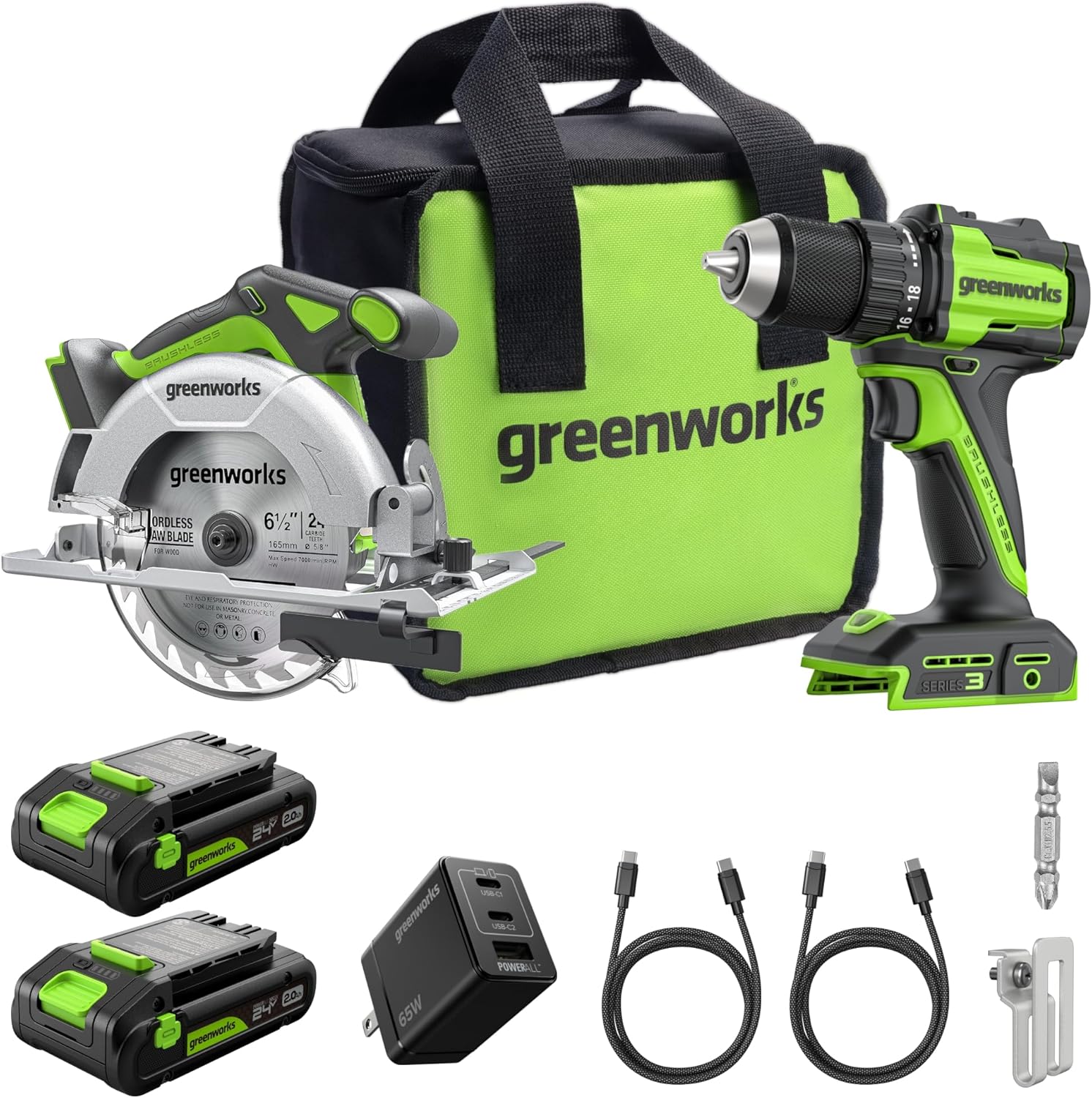 24V 1/2” Brushless Cordless Drill (400 In-lbs.) + 6.5” Circular Saw (4,800 RPM), (2) 2.0Ah (12,000mAh Power Bank) USB-C Batteries, Braided Cable, 65W Rapid Charger 2PCS Drill+ Circular Saw 2×2Ah USB-C Batteries(12,000mAh Power Bank)