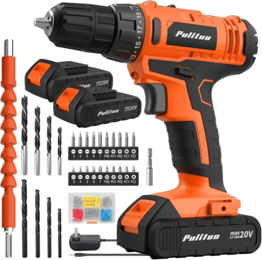 20V Cordless Drill/Driver, 2 Batteries Electric Screwdriver, 30Nm Power Drill Driver, 21+1 Torque, 2 Speed, 3/8"Keyless Chuck, power Drill with LED Light, Drill Driver Kit for Home (Orange) 20V Drill (orange)-double