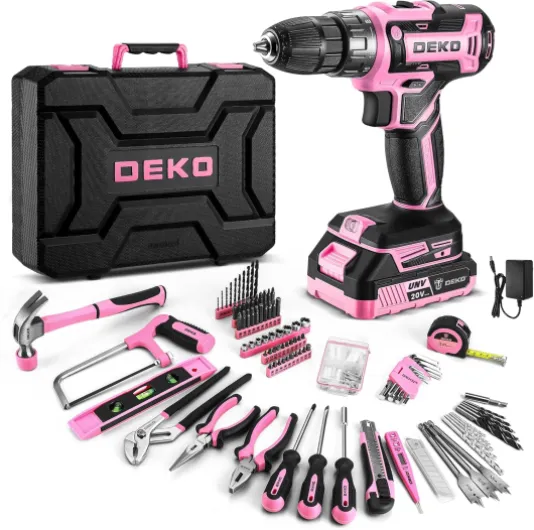 Pink Power Drill Tool Kit Set: 20V Cordless Electric Drill, Driver, Tool Box with Battery