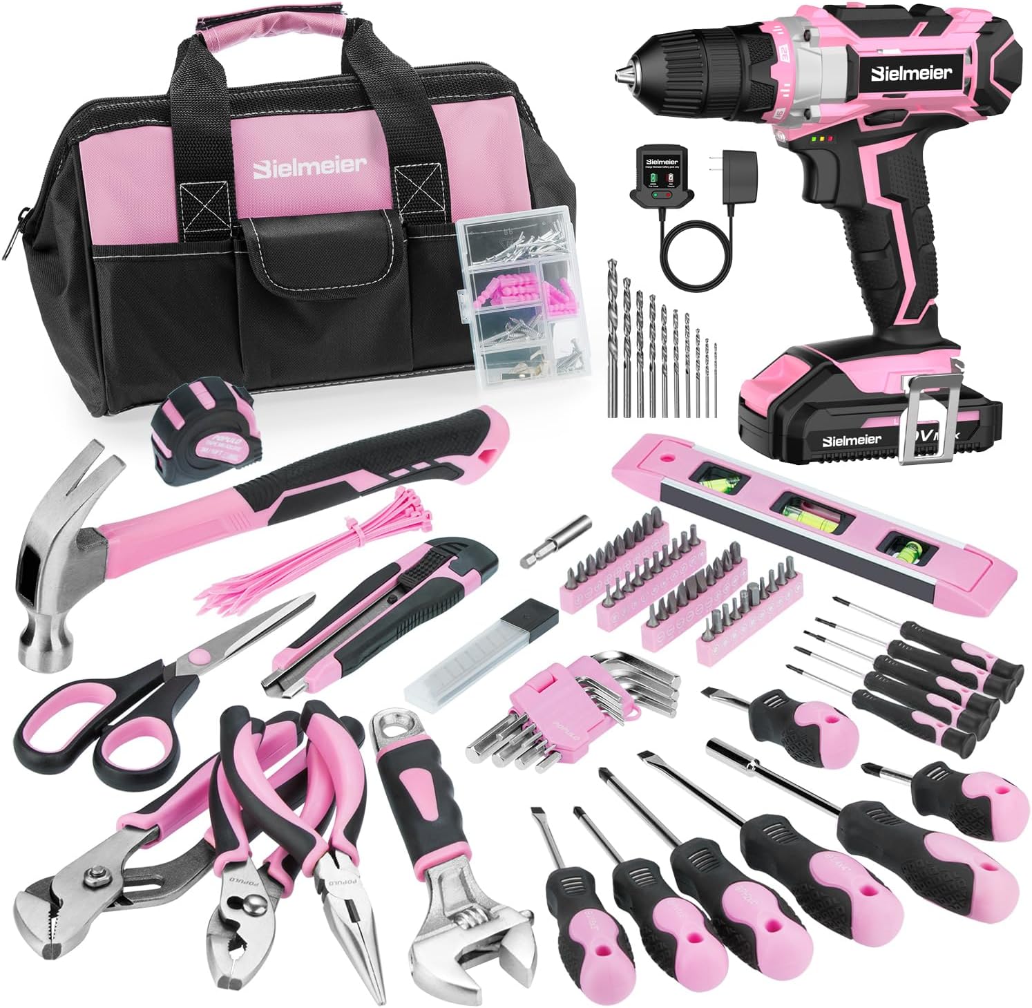 20V 236Pcs Cordless Pink Drill Set for Women, Lady’s Essential Home Tool Kit with Pink Bag, Perfect DIY Electric Screwdriver Set for Home Repair & Gifts 20V(236Pcs)