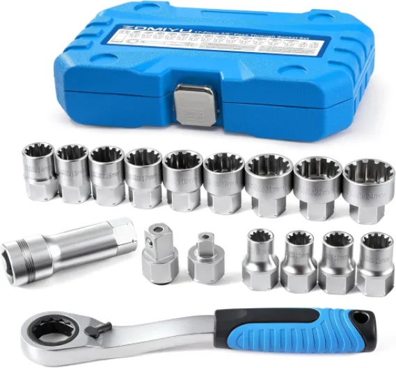 17-Piece Pass Through Socket Set, Chrome Vanadium Steel, Metric Pass-Through Socket Set 10-24mm, 1/2" & 3/8" Socket Adapter, 19mm Extension Bar & Reversing Ratchet