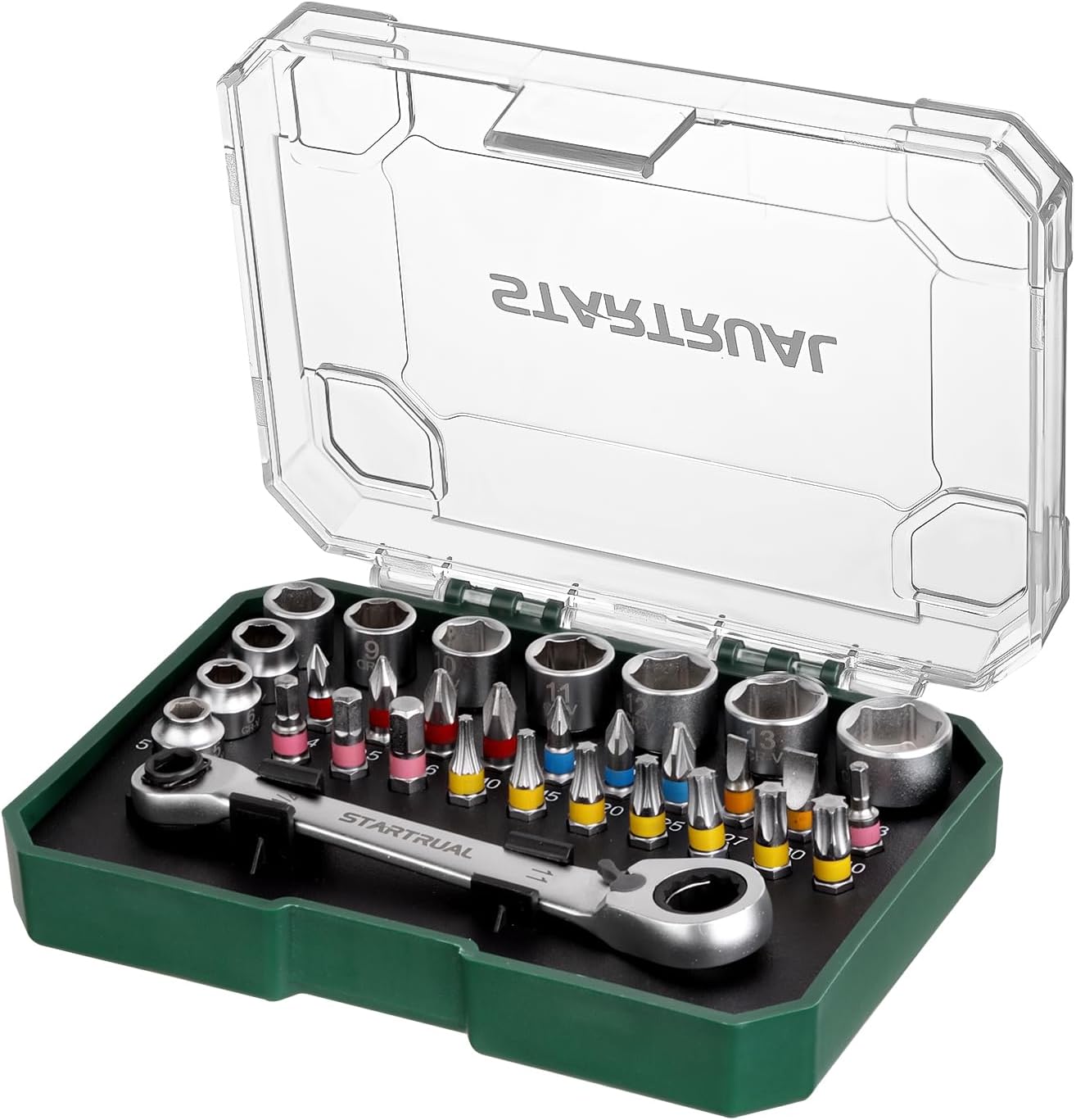 31-Piece 1/4" Mini Ratchet Screwdriver and Pass Through Socket Set, Right Angle Screwdriver, Low Profile Ratchet Set with Phillips, Pozidriv, Slotted, Hex, Torx and Socket, For Tight Spaces