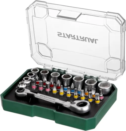 31-Piece 1/4" Mini Ratchet Screwdriver and Pass Through Socket Set, Right Angle Screwdriver, Low Profile Ratchet Set with Phillips, Pozidriv, Slotted, Hex, Torx and Socket, For Tight Spaces