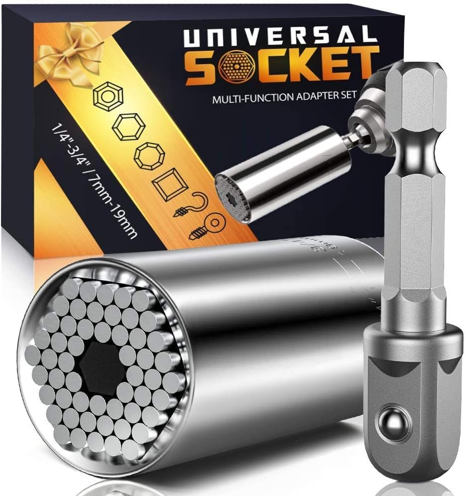 Stocking Stuffers for Men Super Universal Socket Tools Gifts for Men, Grip Set with Power Drill Adapter Cool Stuff Gadgets Present Ideas Gifts for Dad Husband Him Adults Mens Gifts Christmas for Women A-Universal Socket(Silver)