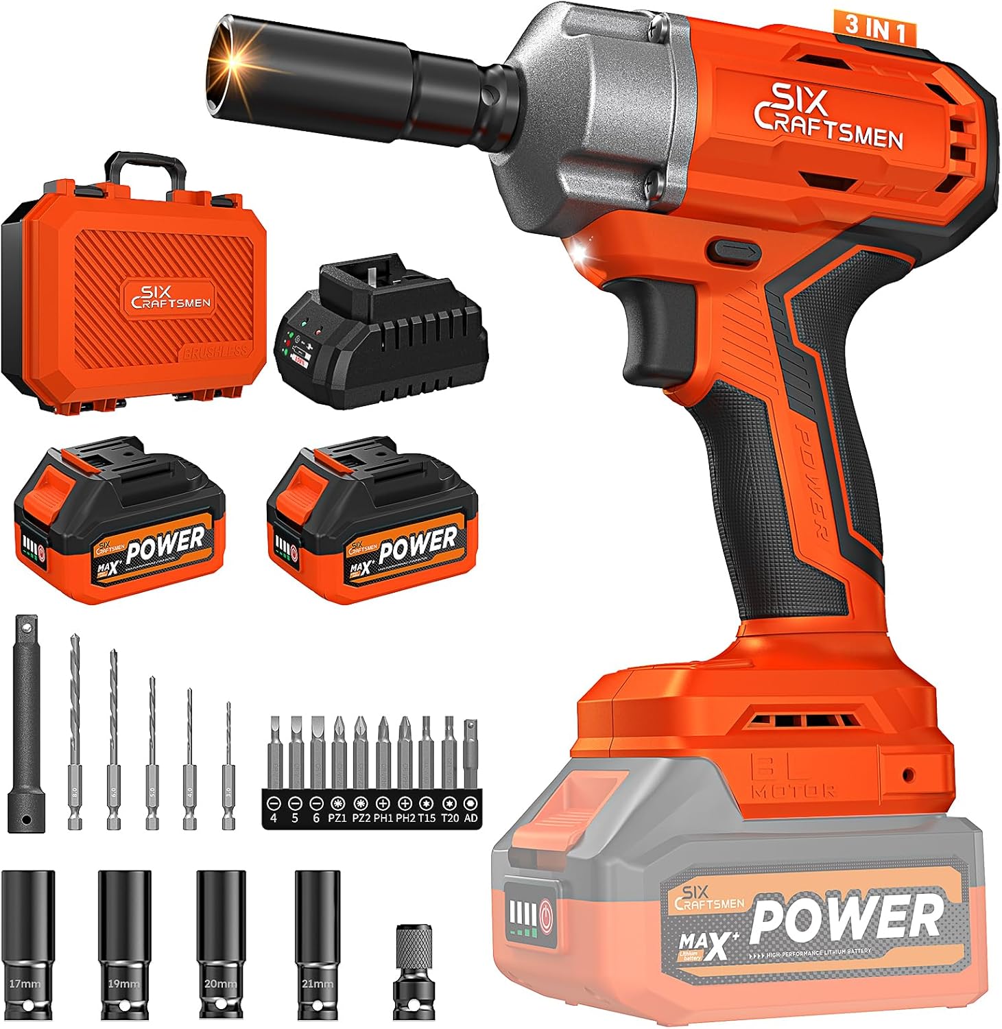 21V Cordless Impact Wrench, 1/2" Brushless Impact Driver Kit 516Ft-lbs (700N.m) with 2*4.0Ah Batteries,4 Sockets,10 Drill Bits,High Torque Electric Impact Gun for Car Tire Truck RV Mower