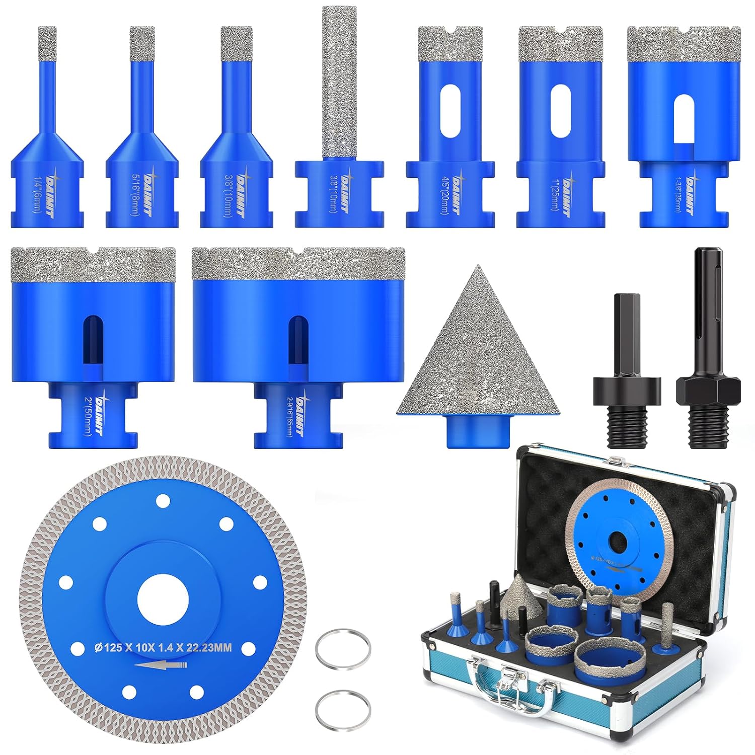 DAIMIT 13-Piece Diamond Drill Bits Set - Vacuum-Brazed Core Hole Saws (5/8"-11 Arbor) for Tile, Marble & Porcelain - Wet/Dry Use - Granite & Glass Cutting Kit