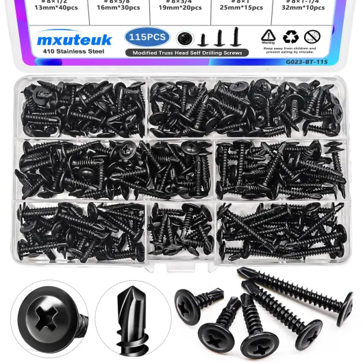 #8 Self Tapping Screws,410 Stainless Steel Self Tapping Screws for Metal,Modified Truss Head Self Drilling Screw (1/2",5/8",3/4",1",1-1/4") Sheet Metal Screw for Metal (115PCS) BK #8 Kit Truss Head
