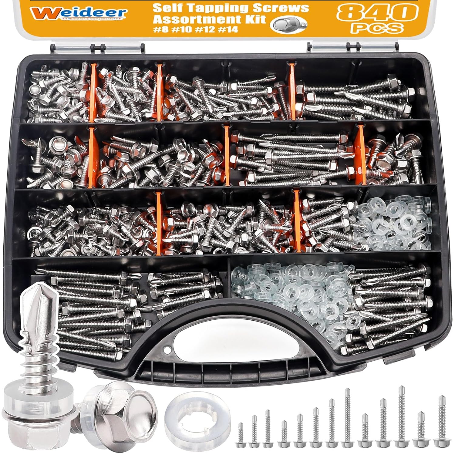 840pcs #8#10#12#14 Self Tapping Screws for Metal,410 Stainless Steel Screws Assortment Kit, Hex Washer Head Quick Tapping Self Drilling Screw with Rubber Washer (420 Sets) K-189 Hex Washer Head Silver