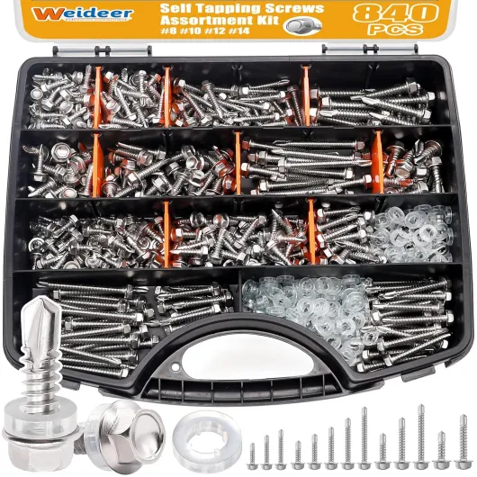 840pcs #8#10#12#14 Self Tapping Screws for Metal,410 Stainless Steel Screws Assortment Kit, Hex Washer Head Quick Tapping Self Drilling Screw with Rubber Washer (420 Sets) K-189 Hex Washer Head Silver