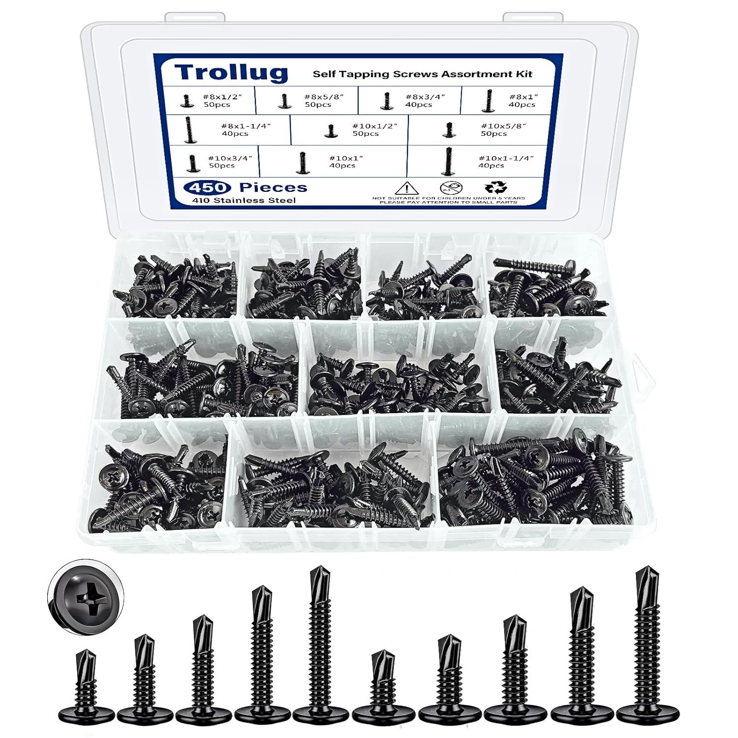 450PCS Self Tapping Screws for Metal, 410 Stainless Steel Self Drilling Screws #8#10 Truss Head Sheet Metal Screws Assortment Kits, Length 1/2"" to 1-1/4'' (Black)